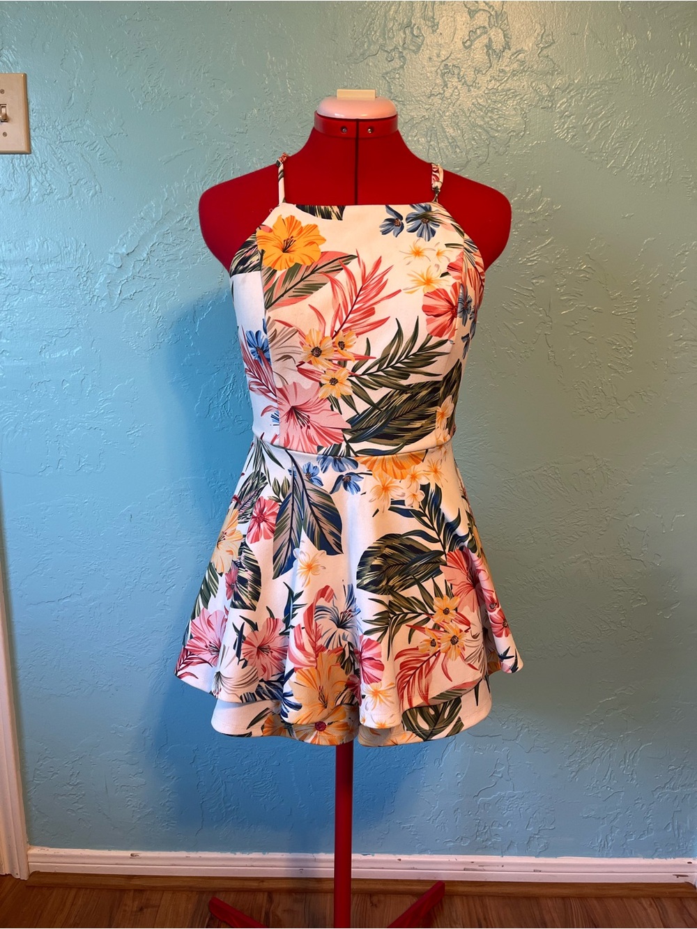 Trac Tropical Floral Halter Mini Romper - White Base with Pink, Yellow & Green